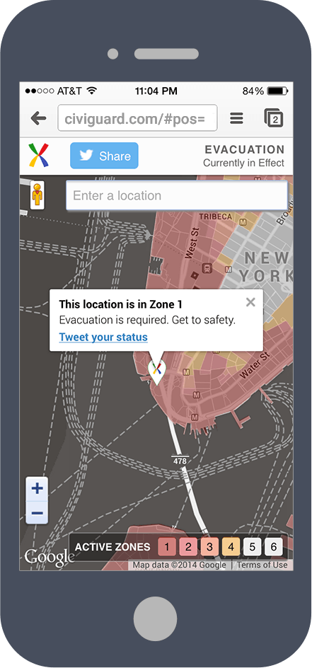 Zone Locator showing 'This location is in Zone 1 — evacuation is required'