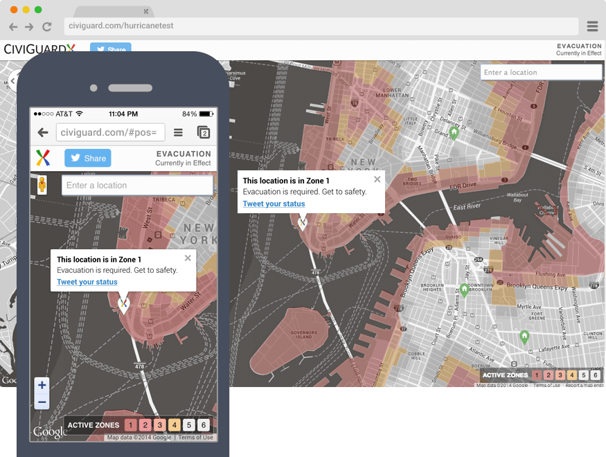 The Zone Locator on desktop and mobile, showing a Zone 1 evacuation notice over a map of Lower Manhattan